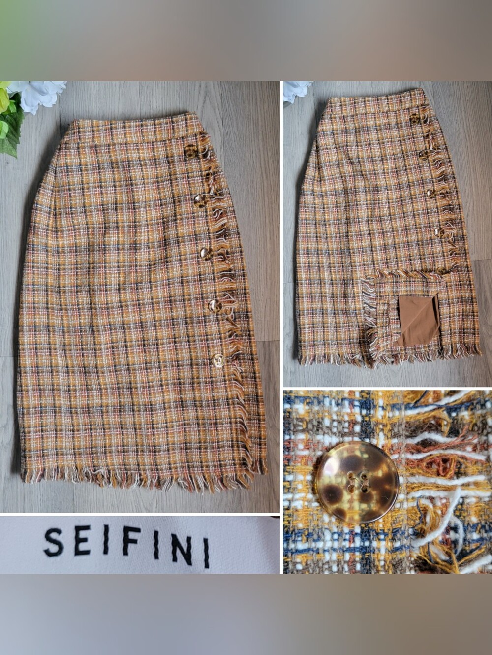 SEIFINI Tweed Plaid Fringed Raw Hem Wool Blend Faux Wrap Midi Skirt, Women Small